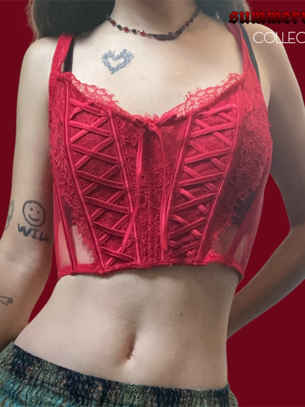 Gothic 2020 Victoria's Secret Unlined Mesh Corset Top in Red